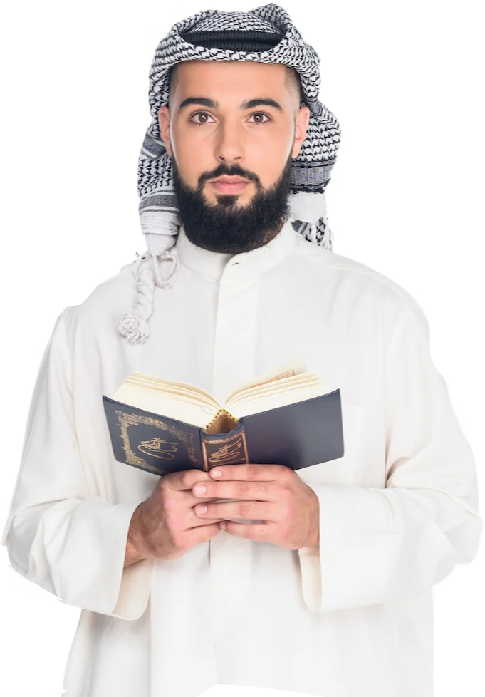 hombre arabe con el coran en la mano que significa halal